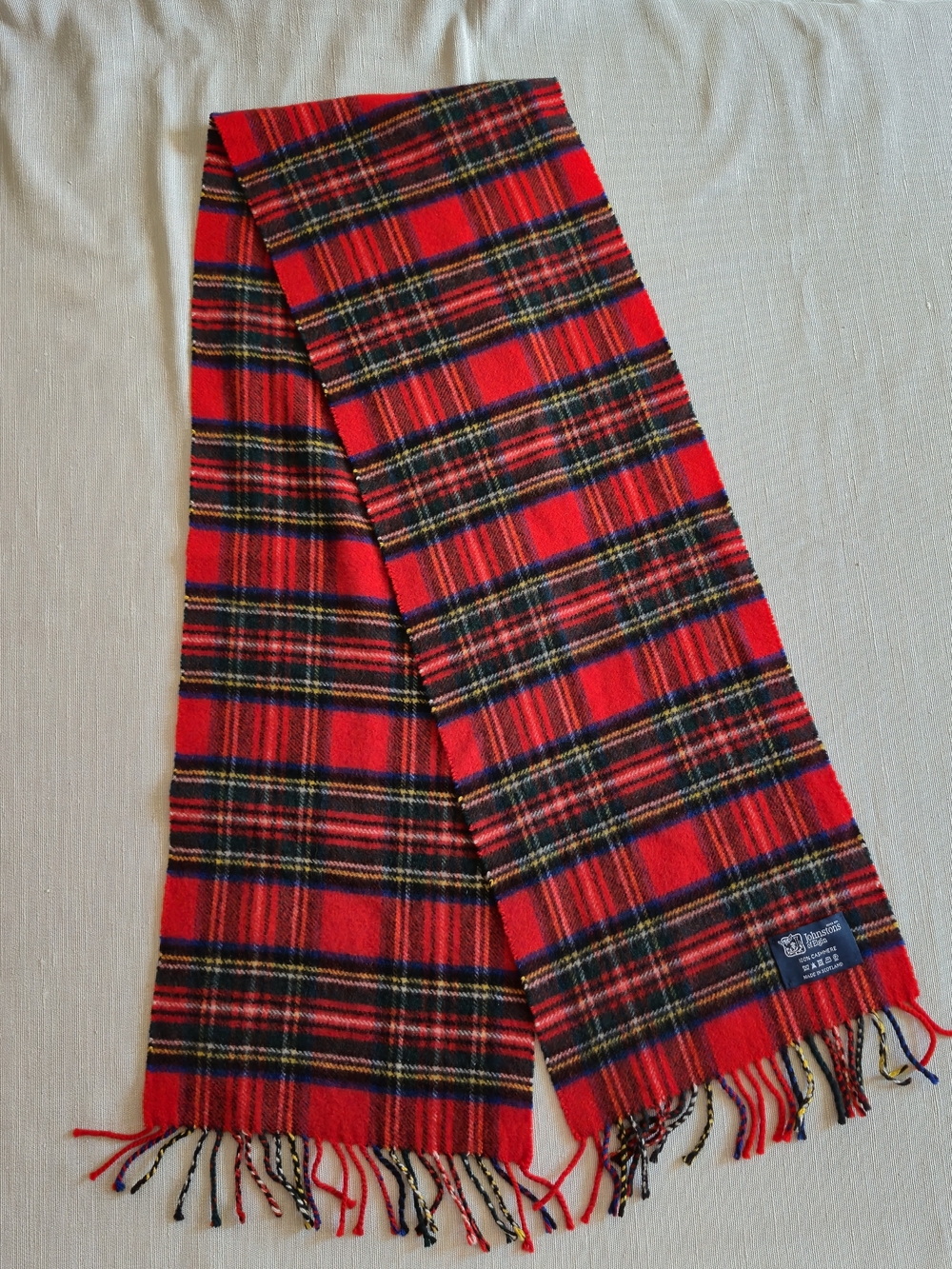 Johnstons of Elgin Red Tartan Wool Scarf with Black & Yellow Accents